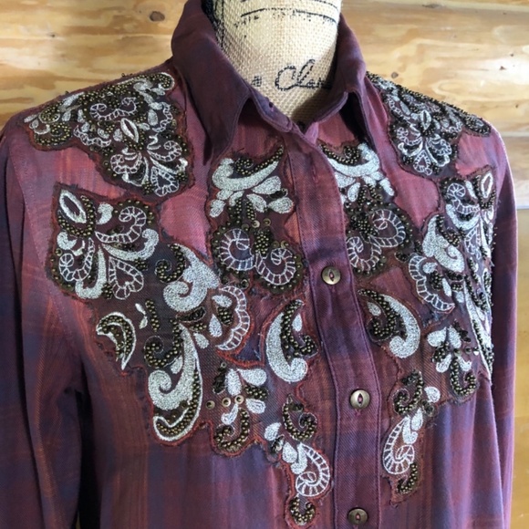 Free People Stevie's Embellished Plaid Shirt Tunic in red/burgundy size M - Picture 4 of 12